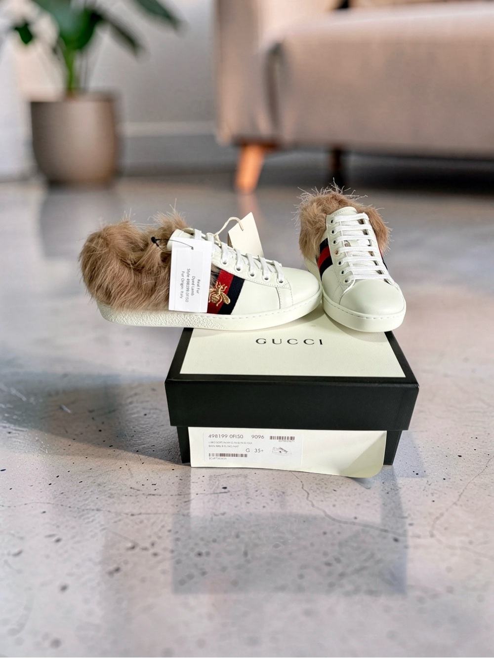 Gucci Ace Bee White Leather Fur Sneakers 36.5 NWT